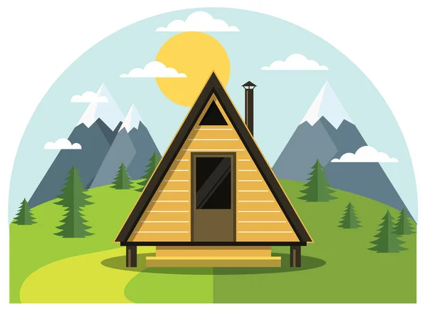山里的假日 草坪上的一帧房子 小木屋 前景色 免版税图库插图