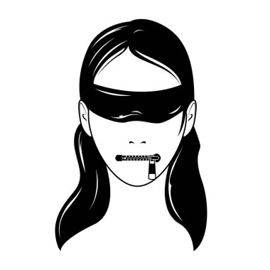 Face of woman with blindfold and closed zip fastener instead of lips, censorship and secret, keep silence, vector clipart