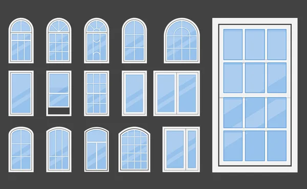 stock vector Plastic windows with various types frames and glass, windows framing, window sash collection, vector