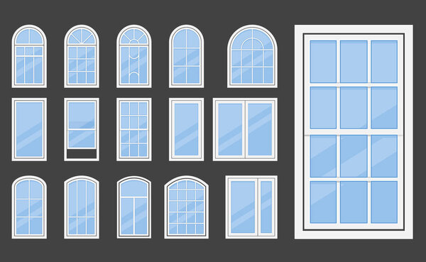 Plastic windows with various types frames and glass, windows framing, window sash collection, vector