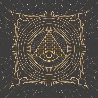Piramit ve her şeyi gören göz ile süslemeli çerçeve, mason işareti ve tarot stili ezoterik desenler, mistik çerçeve, vektör