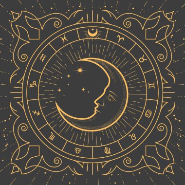 Süslü çerçevenin içinde yarım ay, tarot stili sihirli hilal, burç işaretleri ve ezoterik desenler, astroloji mistik çerçeve, vektör