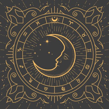 Half-moon inside ornamental frame, magic crescent in tarot style, zodiac signs and esoteric patterns, astrology mystic frame, vector clipart