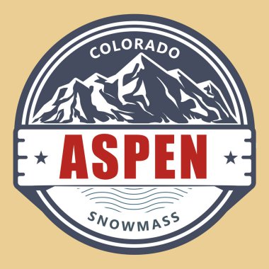 Aspen etiketi, Colorado amblemindeki kar kütlesi köyü, rüzgarlı kayak merkezi pulu, karla kaplı dağlarla dolu Aspen amblemi, vektör.