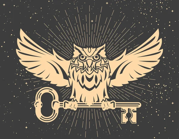 神秘的猫头鹰 有锁匙的爪子 塔罗牌智慧和神秘的知识符号 有展开翅膀的猫头鹰 — 图库矢量图片