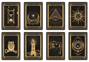 Tarot kartları ters tarafta, gizemli ve mistik sembollü sihirli çerçeve, güneş ve deniz feneri, ay ve piramit büyüleri, vektör