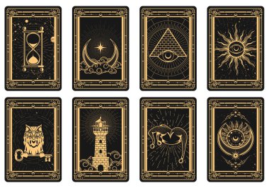 Tarot cards batch reverse side, magic frame with esoteric and mystic symbols, sun and lighthouse, moon and pyramid sorcery, vector clipart
