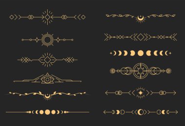 Tarot stili mistik kitap vignettleri, ezoterik ayırıcılar ve ayırıcılar seti, sihirli sınırlayıcılar, vektör