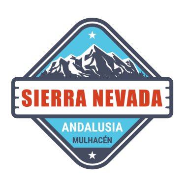 Sierra Nevada kayak merkezi damgası, İspanya kayak merkezi amblemi karla kaplı dağlar, Endülüs, vektör