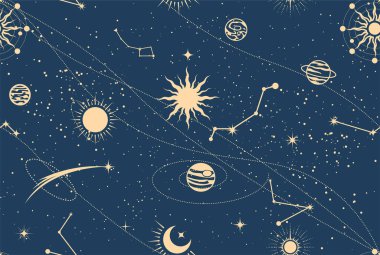 Kusursuz mistik uzay deseni, tarot stili kozmos arka planı, yıldız ve gezegenli astroloji sihirli gökyüzü,