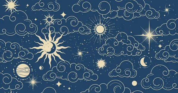 云彩无缝隙的神秘空间模式 塔罗牌风格的占星术魔法背景 云彩和月亮的夜空 — 图库矢量图片