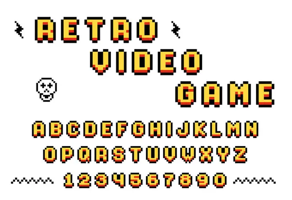 古いコンピュータビデオゲームからのレトロピクセルフォント 8ビット文字と数字 ピクセルアルファベット ベクトル ロイヤリティフリーのストックイラスト
