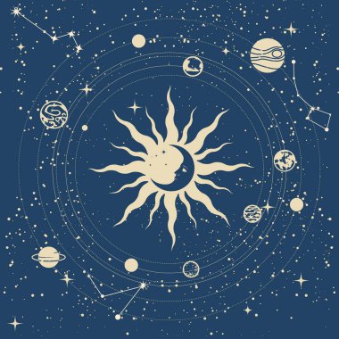 Magic universe, galaxy, orbiting planets around the sun, night sky, space and astrology sorcery, vector clipart