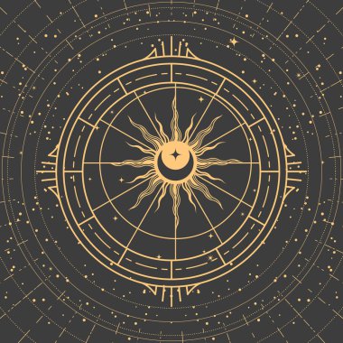 Esoteric compass, sun and moon inside ornamental frame, four corners of the earth, astrology mystic symbol in tarot style, vector clipart