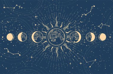 Lunar phases and moon eclipse, mystical moon in space, astrology and horoscope background, oneiromancy, vector clipart