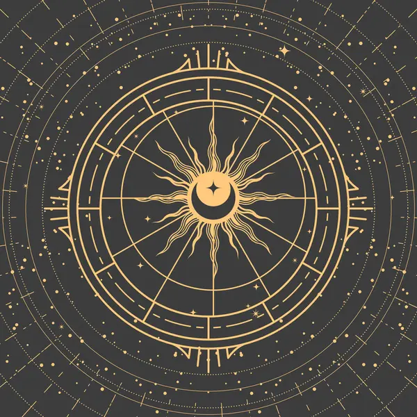 异质罗盘 装饰框架内的日月 地球的四个角落 塔罗牌风格的占星术神秘符号 — 图库矢量图片