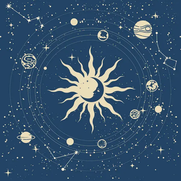 神奇的宇宙 围绕太阳运行的行星 空间和占星术魔法 免版税图库插图