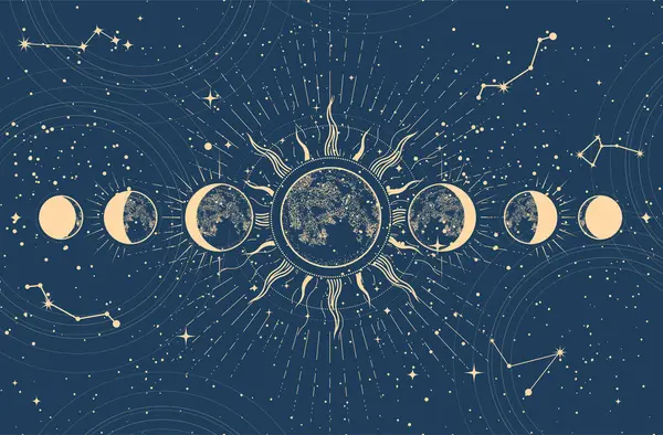 月のフェーズと月の日食 宇宙での神秘的な月 占星術と星占いの背景 一人の女性 ベクター ストックイラスト