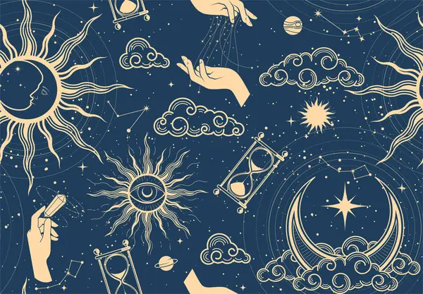 无缝隙的神秘空间图案 有太阳 月亮和女巫之手 星相星座背景 塔罗牌风格 神奇的天空 — 图库矢量图片