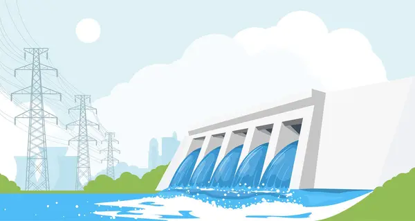 Wasserkraftwerk Flussdamm Wasserkraftspeicher Hochspannungsleitungen Und Stadt Stromversorgung Vektor lizenzfreie Stockvektoren