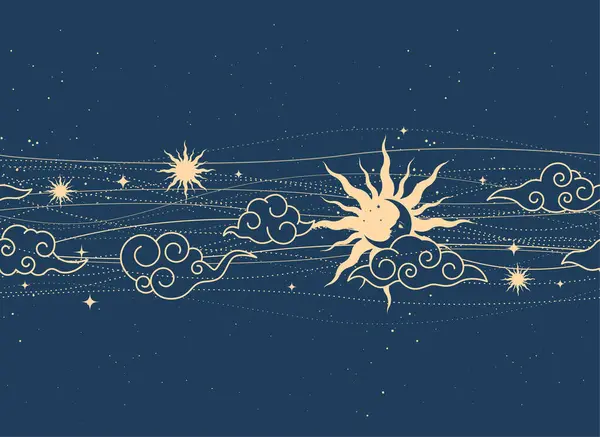 Naadloze Mystieke Ruimte Patroon Met Zon Maan Wolken Magische Astrologie Rechtenvrije Stockillustraties