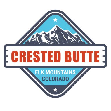 Crested Butte, Colorado - Elk Dağları tatil beldesi damgası, karla kaplı kaya ve vektör amblemi
