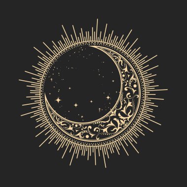 Mistik güneş ve yarım ay desenle dolu, tarot stili süsleme, sihirli mücevher, okült sembol, vektör