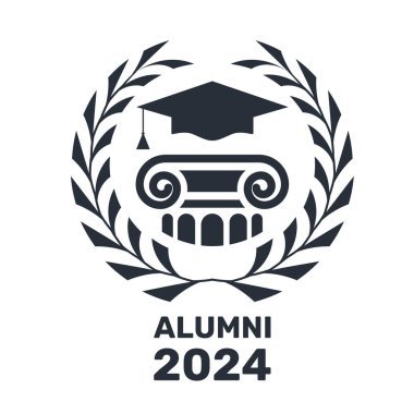 Alumni emblem with column and mortarboard hat, graduate students stamp with laurel wreath, vector  clipart