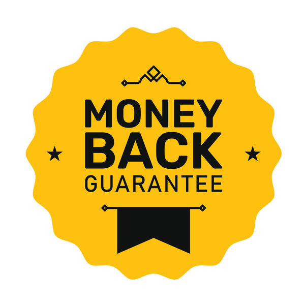 Money back guarantee badge, website golden label, refund warranty emblem or stamp, vector