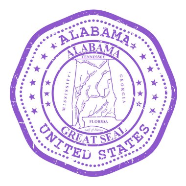 Mührü olan Alabama eyaleti damgası, ABD seyahat damgası, Alabama 'nın sefil posta damgası, vektör.