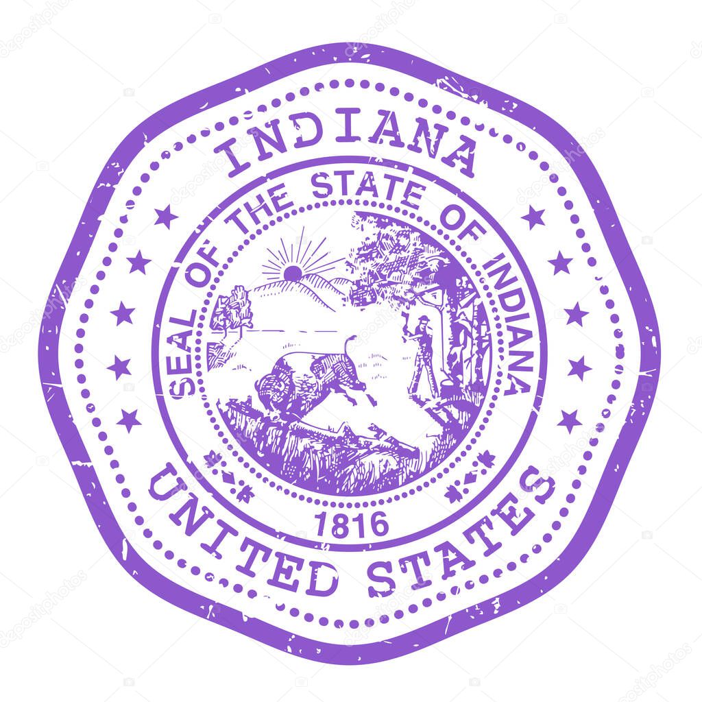Indiana state stamp with seal, USA travel stamp, shabby postmark of Indiana, vector
