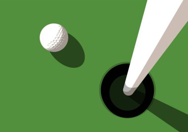 Golf sahası deliğe yakın, bayrak direğiyle, yukarıdan görüş, yaklaş, vektör