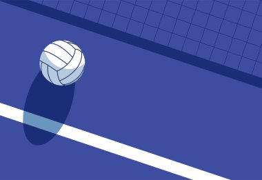 Voleybol topunun voleybol sahasında gölgesi vardır. Voleybol sahasının en üst görüntüsü, voleybol sahasının gölgesi ve topu yukarıdan görünüşü, metin için alanı, vektör alanı olan poster.