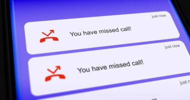 Akıllı telefon ekranındaki cevapsız aramaların listesi, cevapsız veya bırakılmış arama kaydırma bildirimleri