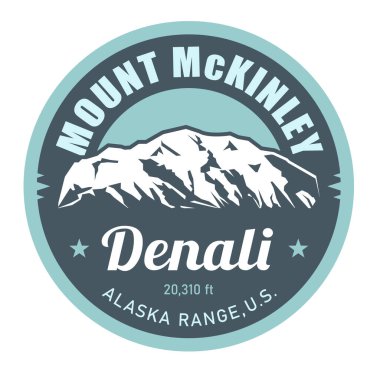 McKinley Dağı damgası, Denali tepesi, Alaska Sıradağları amblemi karla kaplı dağlar, vektör