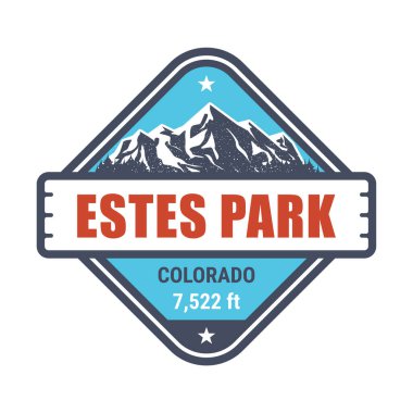 Estes Park, Colorado kayak merkezi damgası, karla kaplı dağlar ve vektör amblemi.