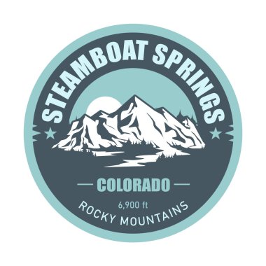 Steamboat Springs, Colorado kayak merkezi amblemi karla kaplı dağlar, vektör
