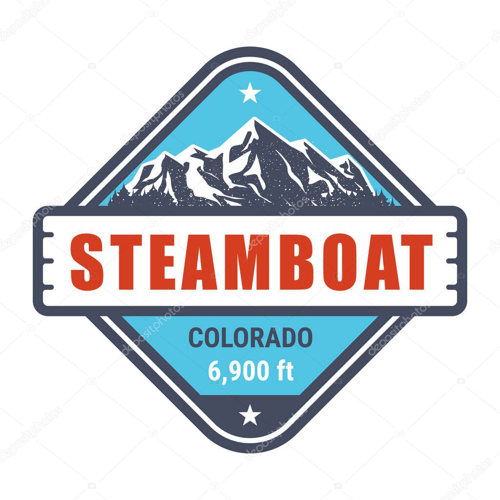 Steamboat, Colorado ski resort stamp, emblem with snow covered mountains in steamboat springs, vector