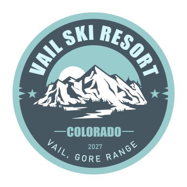 Vail Kayak Tesisi damgası, Colorado, karla kaplı tepeler, vektör.
