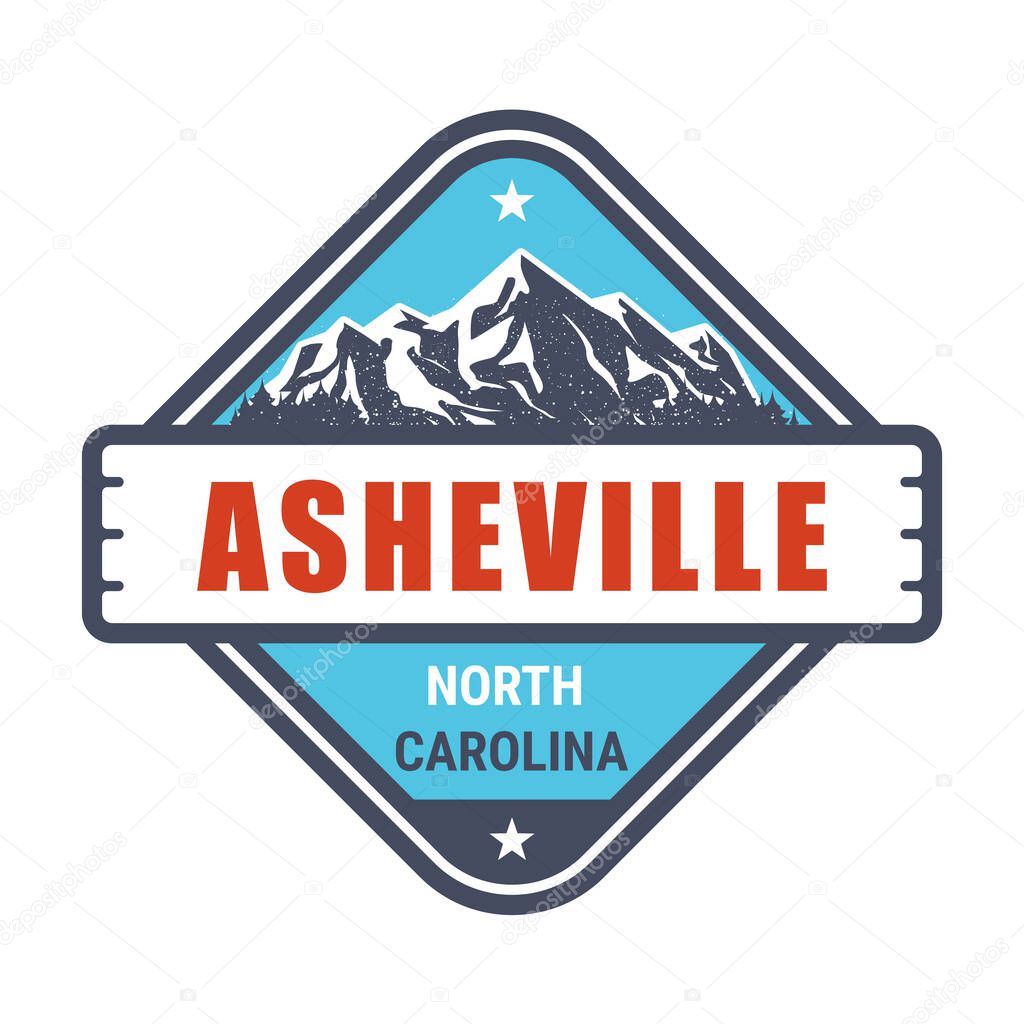 Asheville, North Carolina ski resort stamp, emblem with snow covered mountains in Asheville, vector