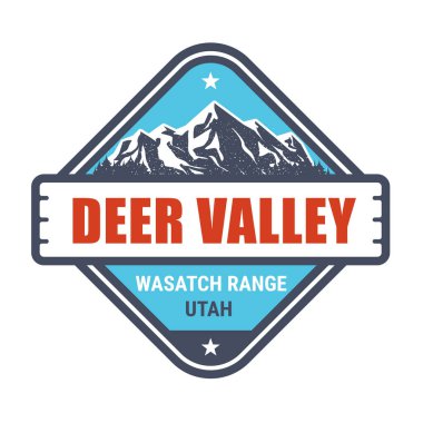 Geyik Vadisi kayak merkezi, Utah damgası, karla kaplı dağlar, vektör.