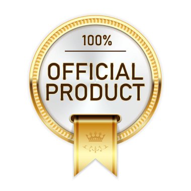 Resmi ürün, altın kurdeleli madalya, resmi olarak bırakılmış ürün, rozet veya amblem, hakiki ürün, vektör.