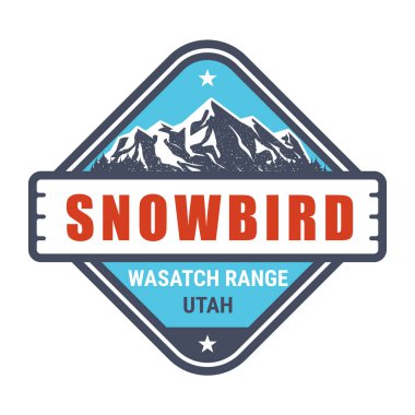 Kar Kuşu Kayak Merkezi, Utah damgası, karla kaplı amblem, Rocky Dağları, vektör