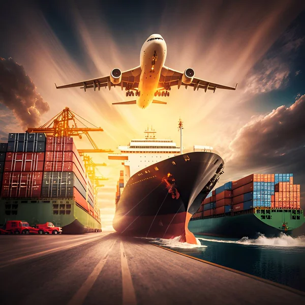Global Affärslogistik Och Containertransport Fraktfartyg Och Fraktflygplan Royaltyfria Stockbilder