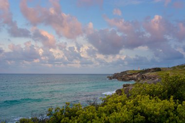 Cancun 'da beyaz kum ve kayalarla Karayip Denizi kıyısı.