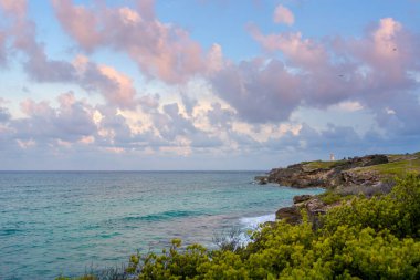 Cancun 'da beyaz kum ve kayalarla Karayip Denizi kıyısı.