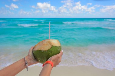 Karayipler 'in arka planına karşı elinde içkiyle hindistan cevizi