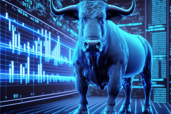 Bull on stock market chart background, digital futuristic style, generative AI. Theme of invest and trade in blue light. Concept of money, Wall Street, finance, exchange and crypto. 3d art render