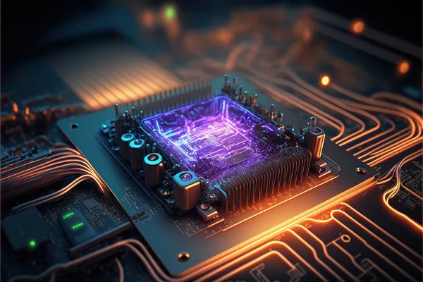 Processor on computer circuit board with microchips, generative AI. CPU chip on motherboard with power lines. Concept of technology, science, hardware, pcb, micro semiconductor, quantum and tech, 3d