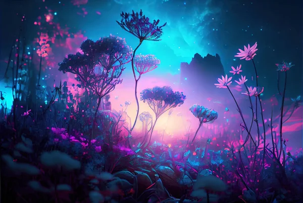 Magic forest at night, glowing flowers and lights, generative AI. Fantasy landscape with fairytale purple and blue plants, and mystery sky. Concept of wonderland, fairy nature and 3d art.